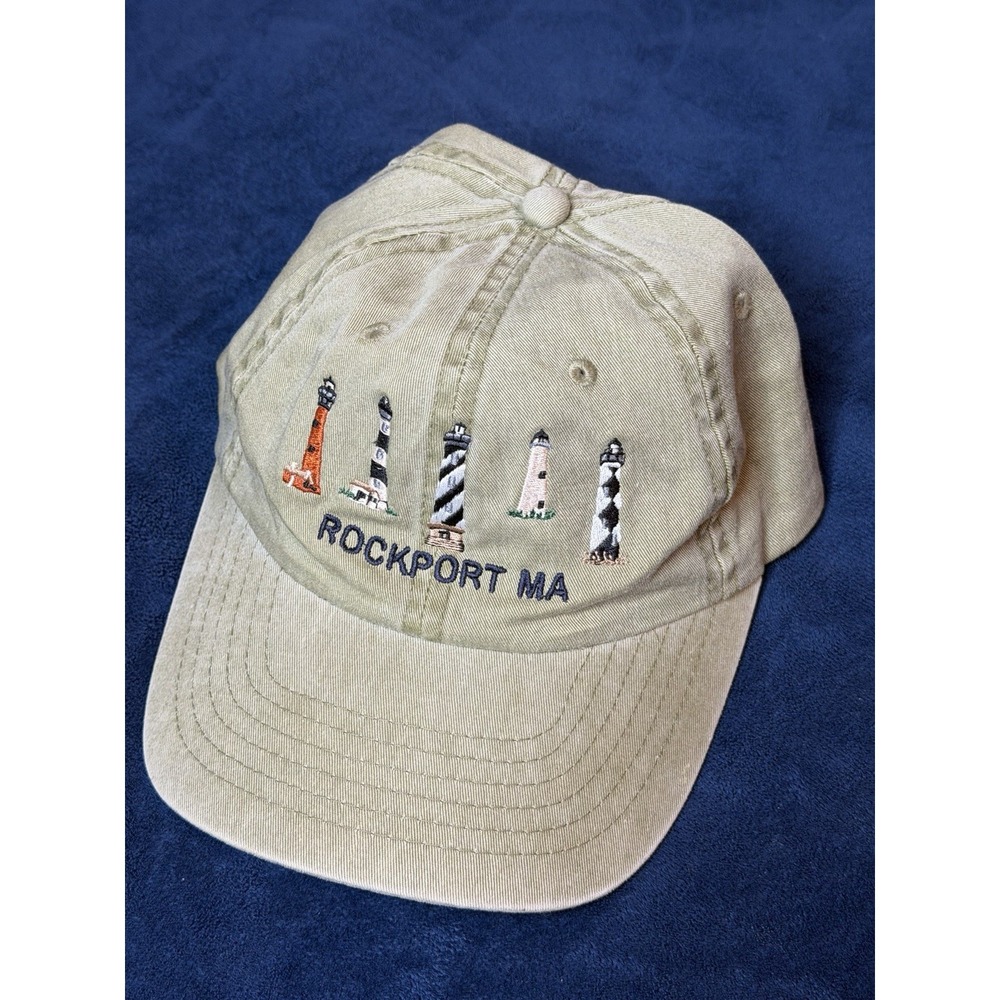 VTG Jhats Rockport MA Lighthouse Embroidery Baseball Hat Cap Khaki Distressed